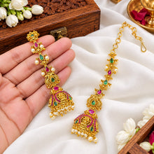 Regal Temple Design Jhumkas with Maatilu/Kaan Chain - Red & Green Stones