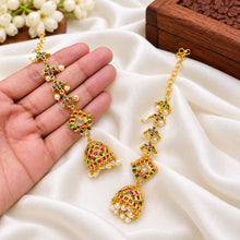 Regal Temple Design Jhumkas with Maatilu/Kaan Chain - Red & Green Stones