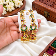Regal Temple Design Jhumkas with Maatilu/Kaan Chain - Red & Green Stones