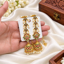 Regal Temple Design Jhumkas with Maatilu/Kaan Chain - Red & Green Stones