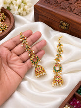 Regal Temple Design Jhumkas with Maatilu/Kaan Chain - Red & Green Stones