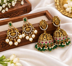Premium South Indian Temple Jewellery Bridal Necklace Set with Long Haram, Choker & Earrings