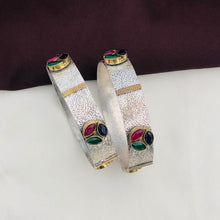 Handcrafted Dual-Tone Silver Kada Bangles with Multi-Color Stone Accents (Set of 2)