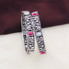 Oxidized Silver Kada Bangles with Ruby & Pearl Accents (Set of 2)