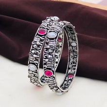 Oxidized Silver Kada Bangles with Ruby & Pearl Accents (Set of 2)
