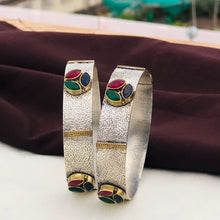Handcrafted Dual-Tone Silver Kada Bangles with Multi-Color Stone Accents (Set of 2)