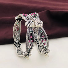 Handcrafted Oxidized Silver Kada Bangles with Pink & Green Stones | Traditional Antique Ghungroo Kada (Set of 2)