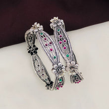 Handcrafted Oxidized Silver Kada Bangles with Pink & Green Stones | Traditional Antique Ghungroo Kada (Set of 2)