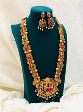 Temple Jewellery Long Haram Necklace Set with Multicolor Stones & Antique Gold Finish