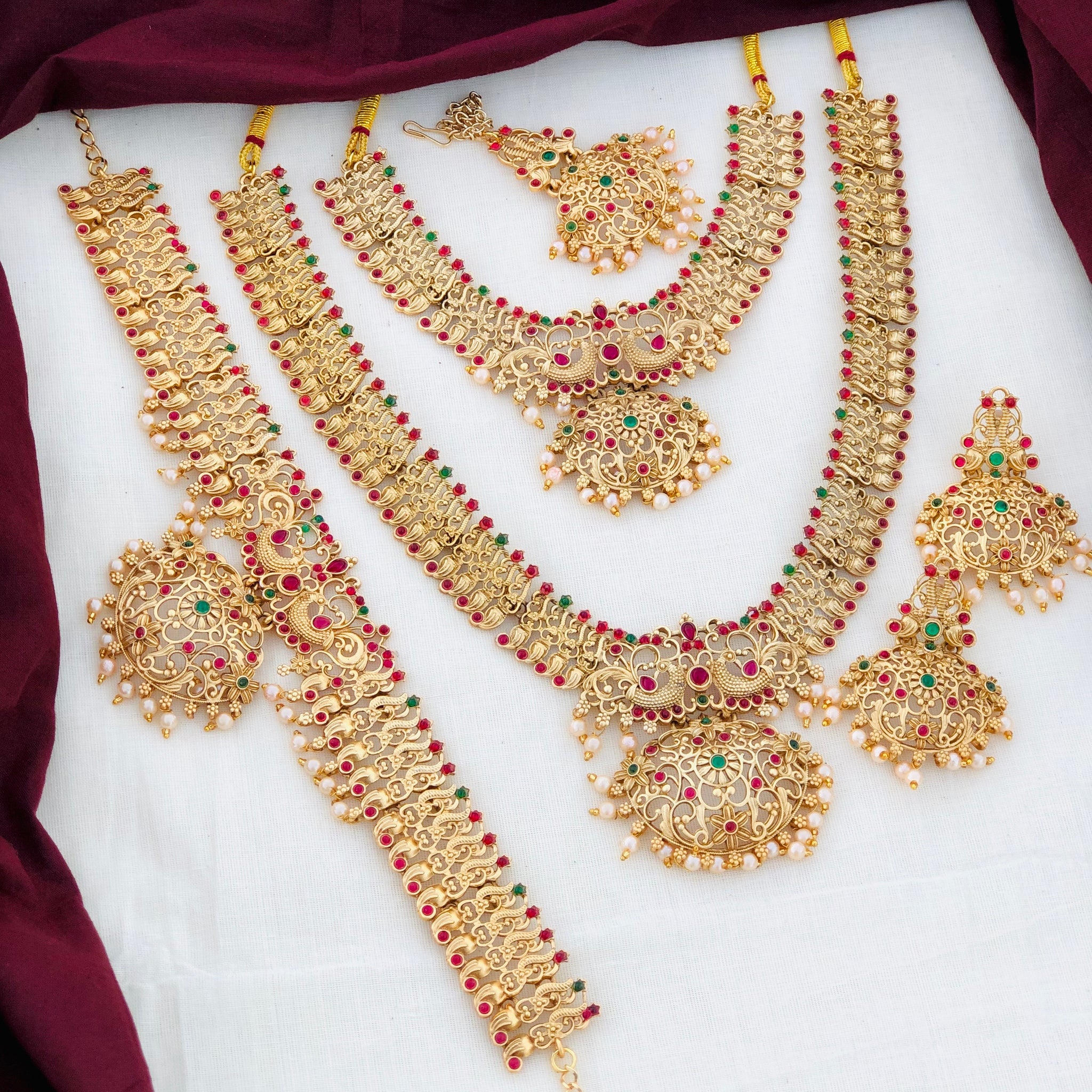 Beautiful Semi Bridel Necklace Set for Women, south Indian jewellery matt finished designer kemp stone