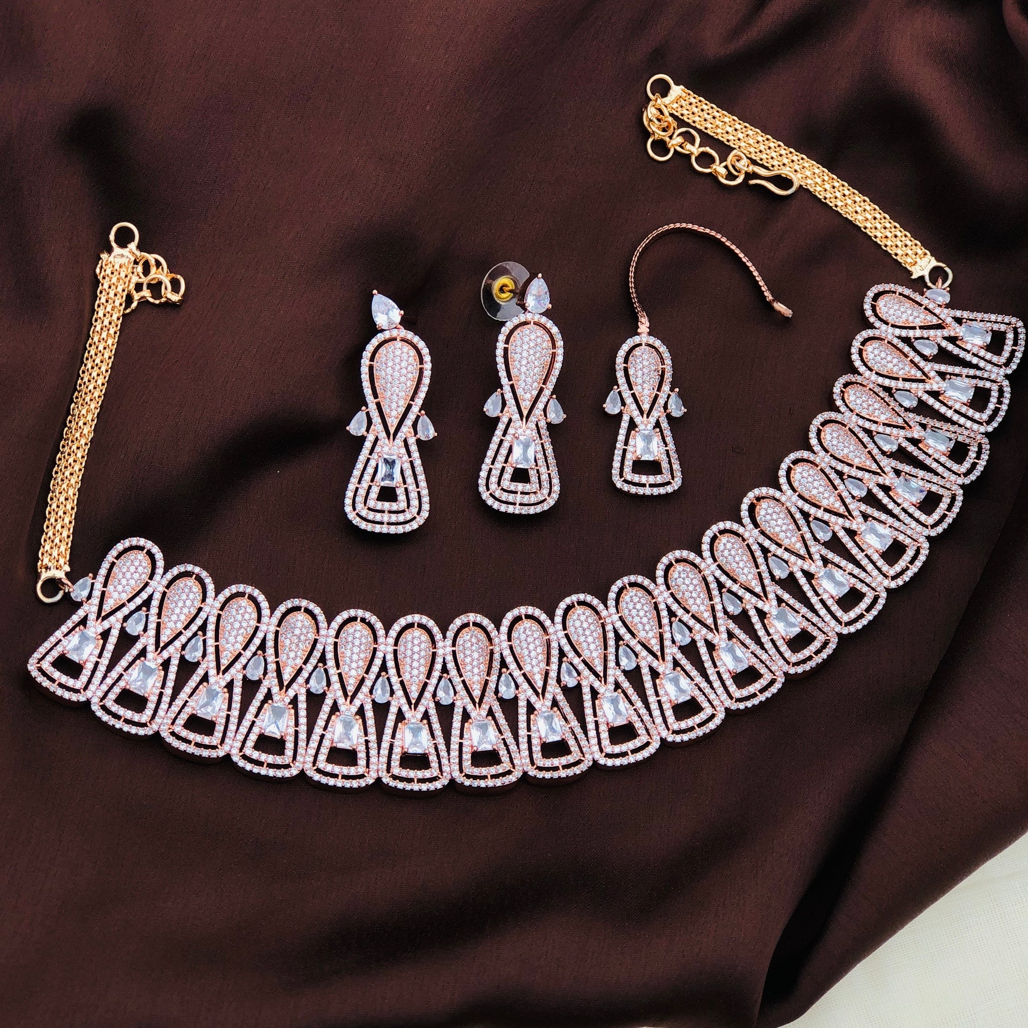 Rose Gold- AD Stone Choker set with Mang Tikka | Indian Bollywood Style Fashion Jewelry | AD Stone Choker Set