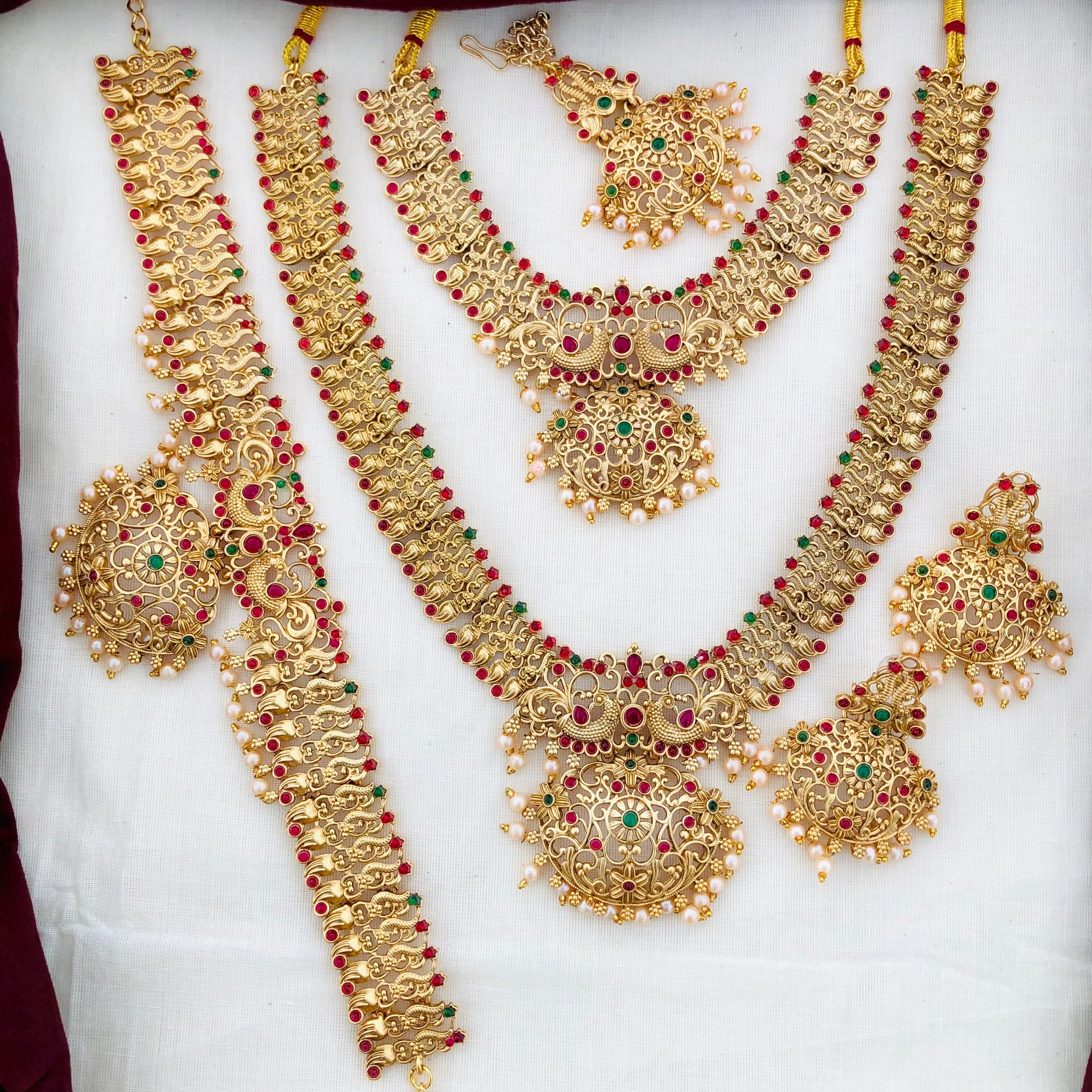 Beautiful Semi Bridel Necklace Set for Women, south Indian jewellery matt finished designer kemp stone