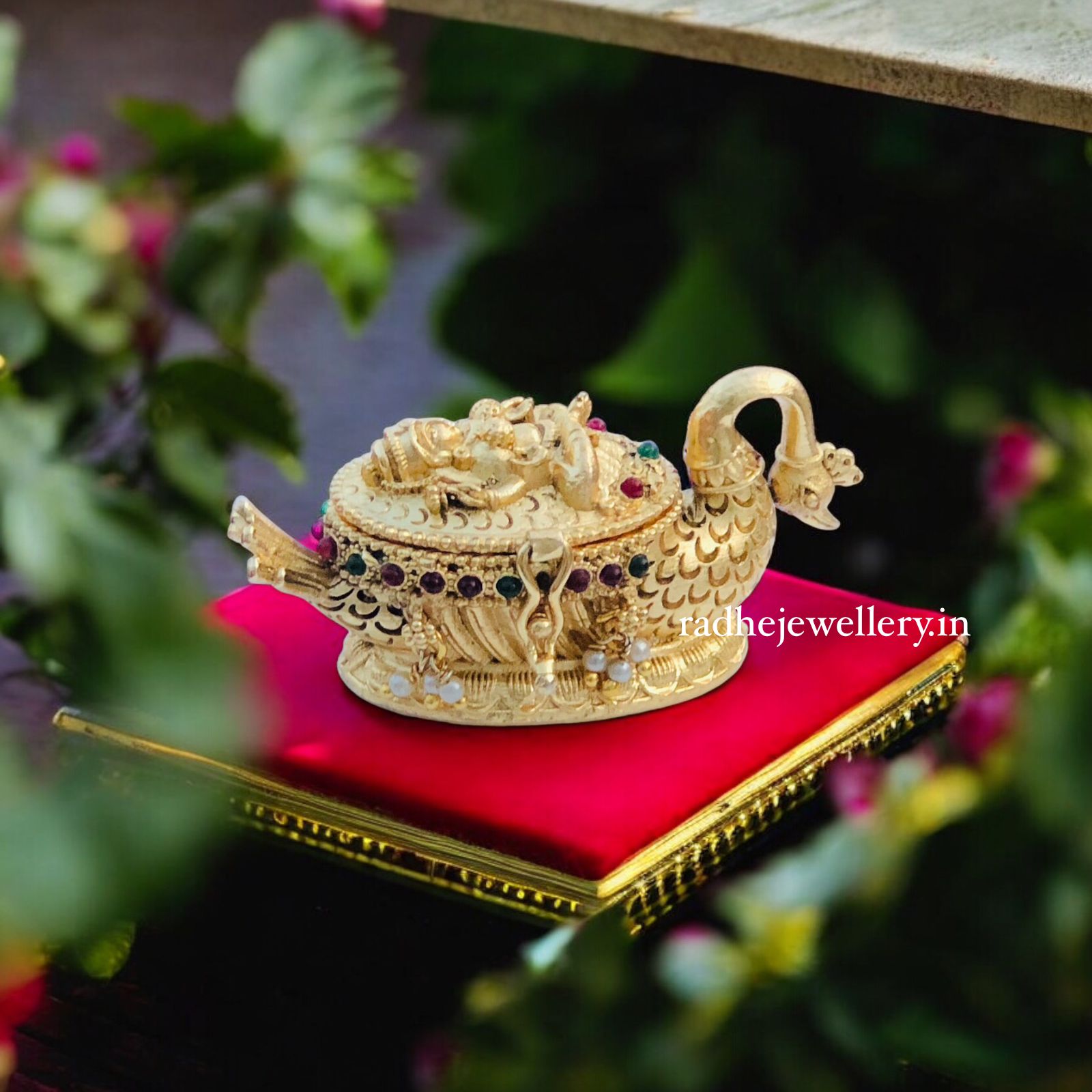 Gold Look Alike Lakshmi Kumkum Box- Swan-Premium Quality, Sindoor Box