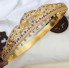 Evergreen Swan Lovers Pair Designer Hip Belt With Multicolor Stones