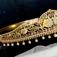 Evergreen Swan Lovers Pair Designer Hip Belt With Multicolor Stones