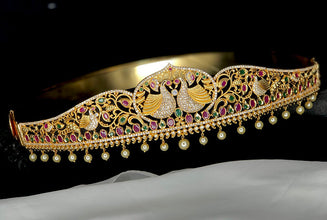 Evergreen Swan Lovers Pair Designer Hip Belt With Multicolor Stones