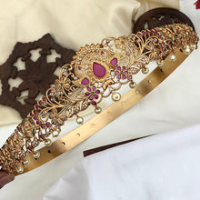 Evergreen Swan Lovers Pair & Floral Designer Hip Belt With Multicolor Stones