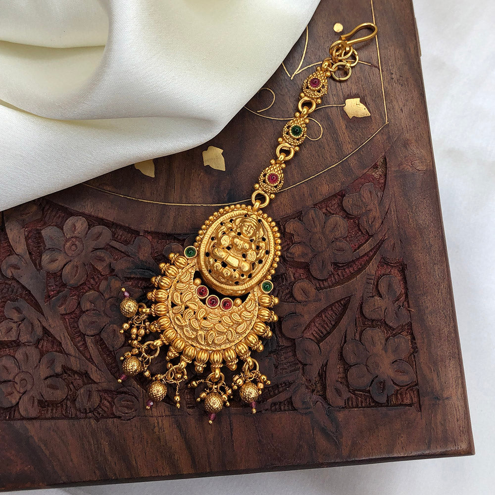 Goddess Lakshmi Maang Tikka, Double Dollar With Golden Beads & Ruby Stones