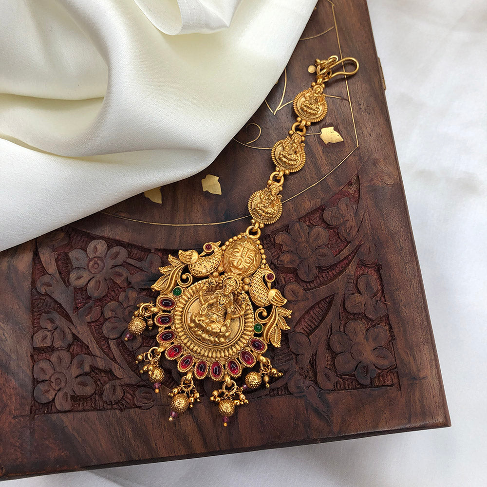 Goddess Lakshmi With Peacock Maang Tikka, With Golden Beads & Ruby Stones