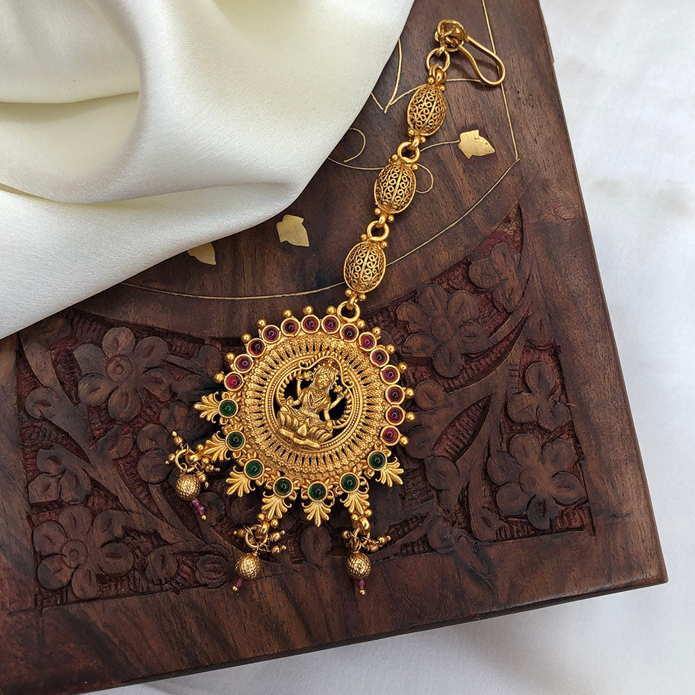 Goddess Lakshmi Maang Tikka, With Golden Beads & Ruby Stones