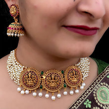 Triple Lakshmi Devi Floral Dollar High Neck Chokers, Studded With Pearls