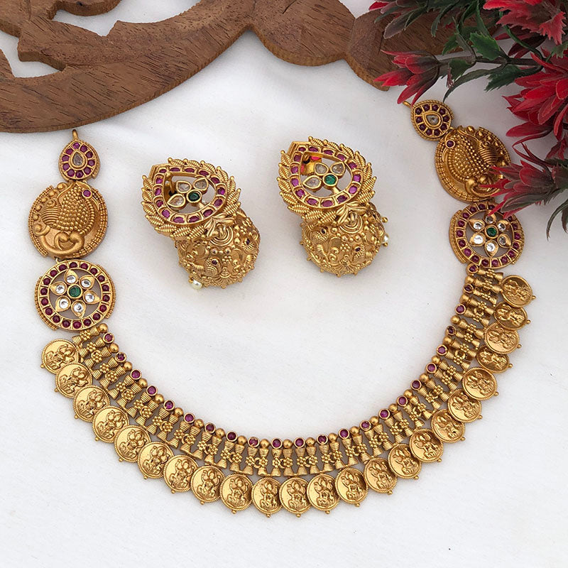 Beautiful Lakshmi Coin Short Necklace Set, With Peacock Floral Jhumkis