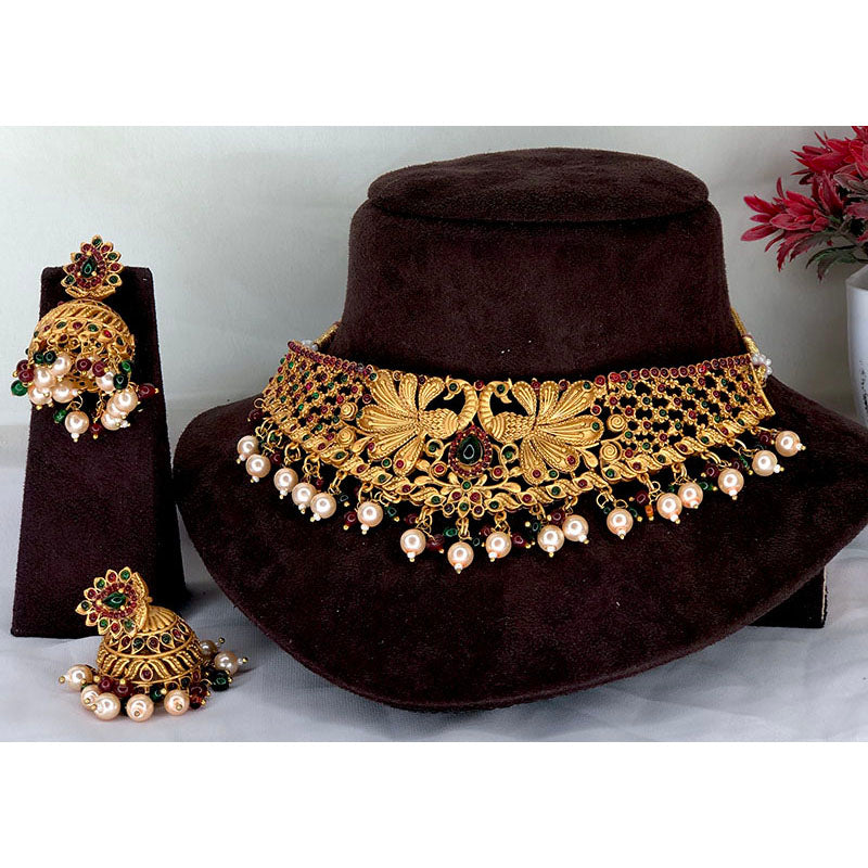 Mastani Peacock Designer High Neck Chokers, With Ruby Stones & Pearls