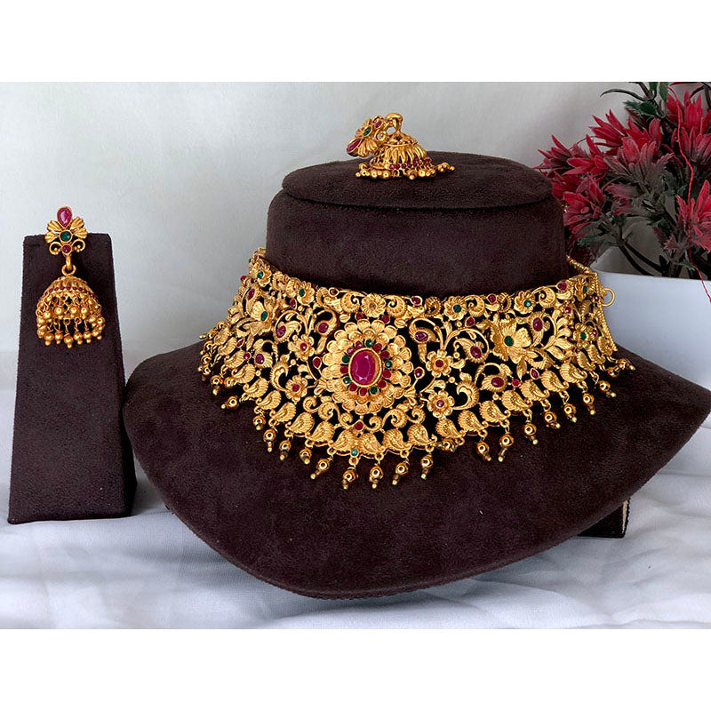 Maharani Design High Neck Chokers, With Ruby Stones & Golden Beads