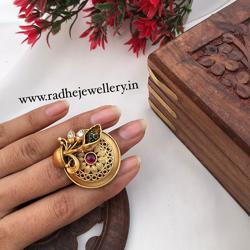 Flower Vase Rajwadi Finger Ring, Gold Plated, Size Adjustable