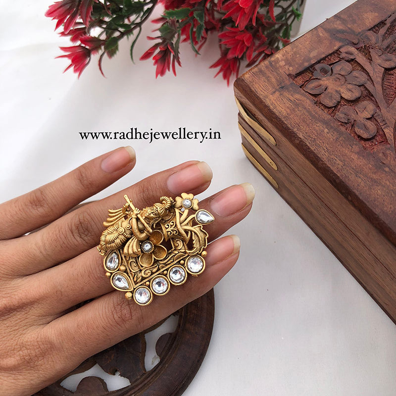 Sri Krishna Rajwadi Finger Ring, Gold Plated, Size Adjustable