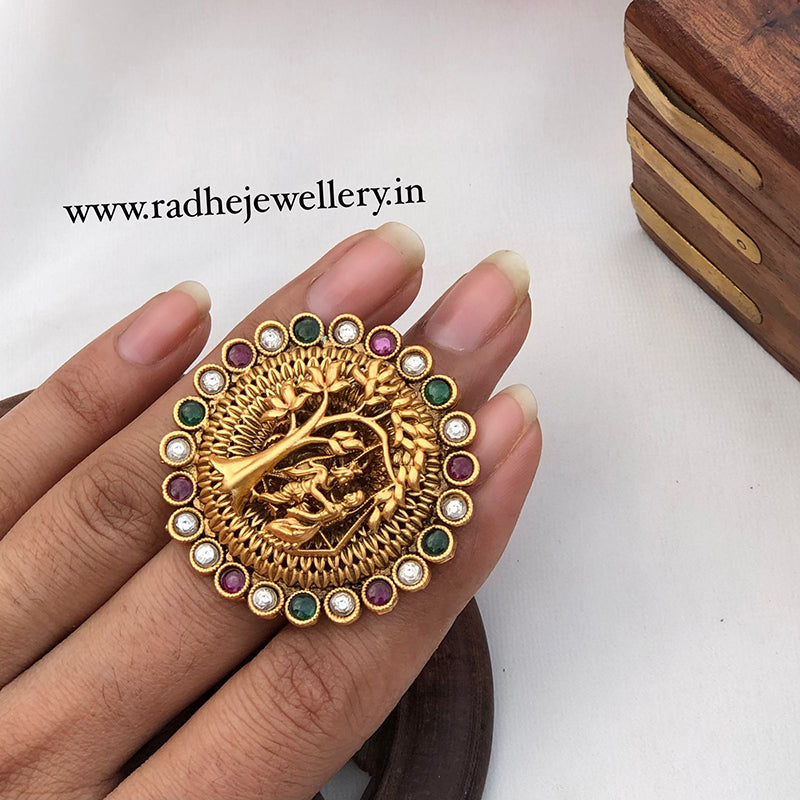 Radhe Krishna Rajwadi Finger Ring, Gold Plated, Size Adjustable