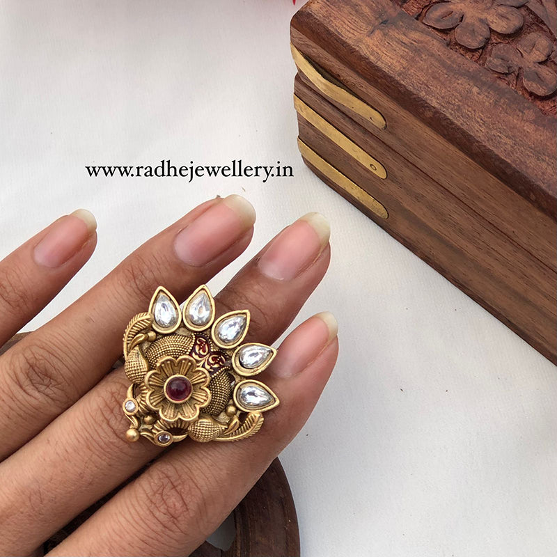 Unique & Stylish Rajwadi Finger Ring, Gold Plated, Size Adjustable