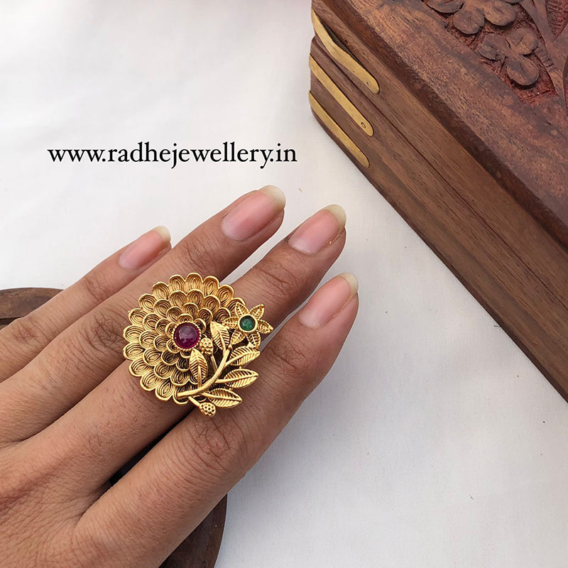 Blooming Flowers Rajwadi Finger Ring, Gold Plated, Size Adjustable