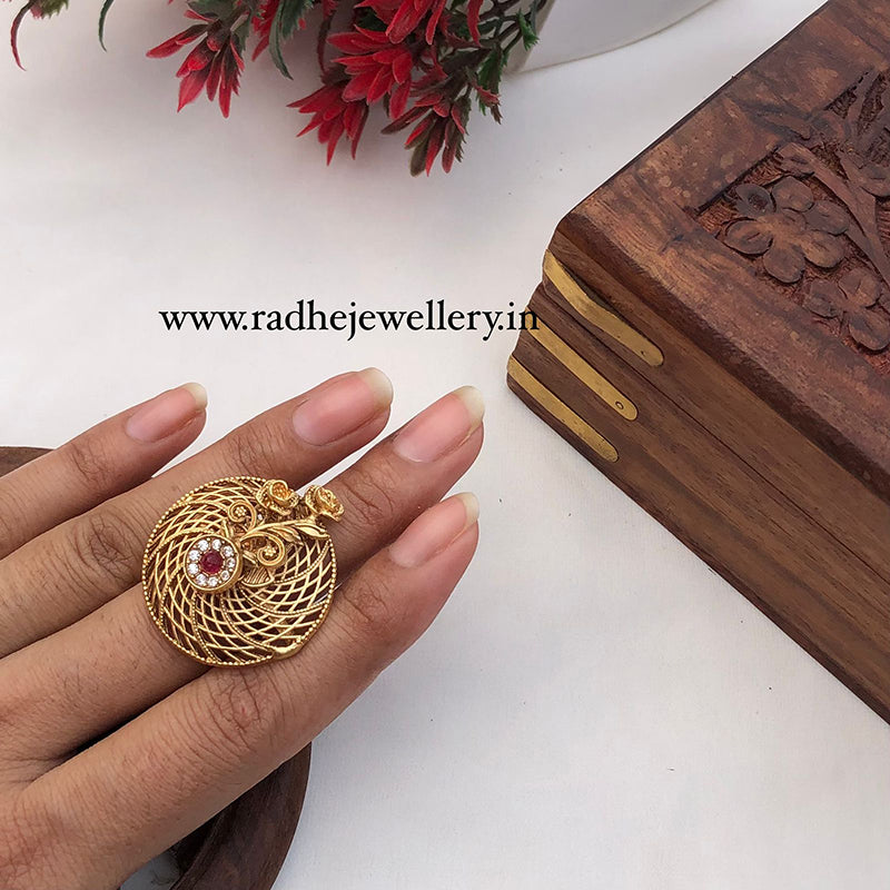 Rose Flowers Rajwadi Finger Ring, Gold Plated, Size Adjustable