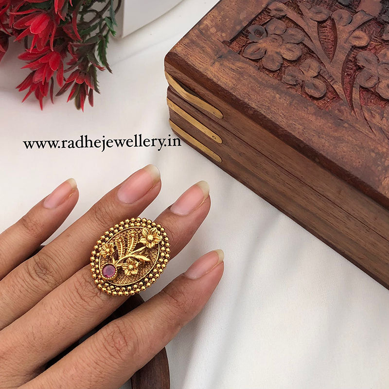 Classic Flowers Rajwadi Finger Ring, Gold Plated, Size Adjustable