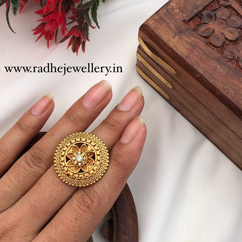 Classic Lotus Rajwadi Finger Ring, Gold Plated, Size Adjustable