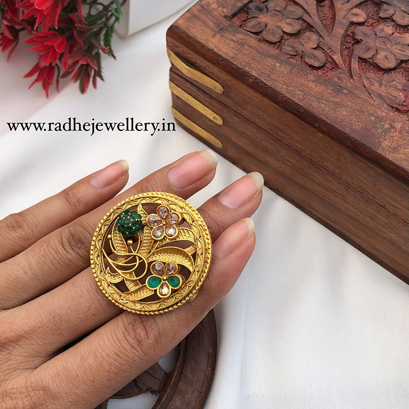 Abstract Flowers Rajwadi Finger Ring, Gold Plated